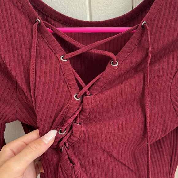 Maroon Long Sleeve Top w/ Criss Cross Lace Design - Picture 2 of 3